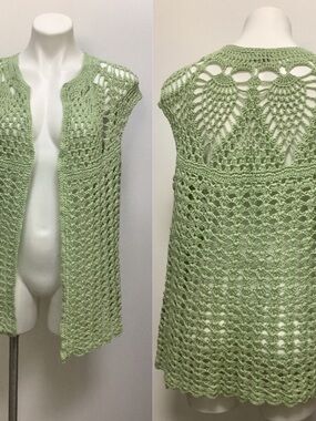 Handmade Crochet Light Green Open Front Vest Boho Cottagecore Layering Piece